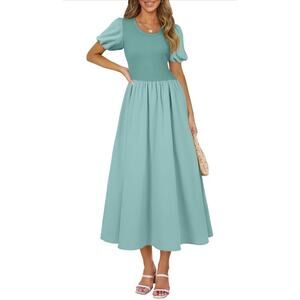 AlvaQ Women Dress Spring Summer Puff Sleeve Midi Dresses High Waist Ruffle- XL